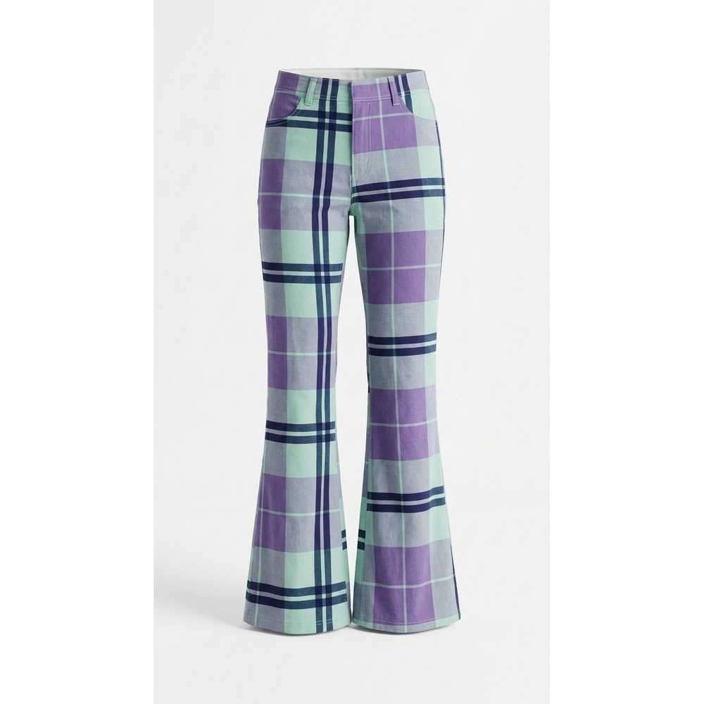 Free People Pull On Corduroy Printed Flares Purple Mint Plaid L Womens